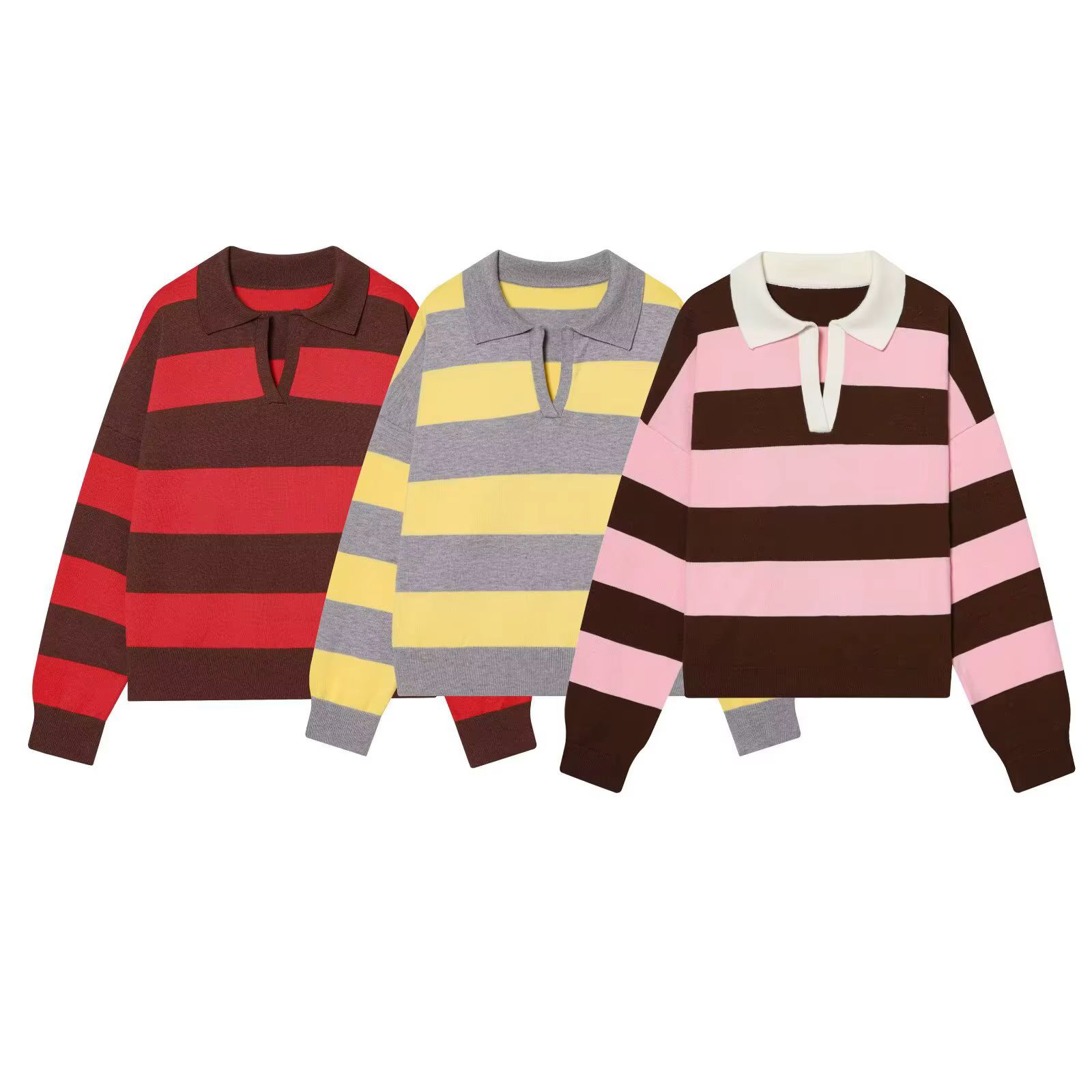 Nouvelle Arrivée Hiver – Pull Tricoté à Col Polo Rayé à Manches Longues – Style Décontracté Confortable en Fibre de Polyester Coupe Ample
