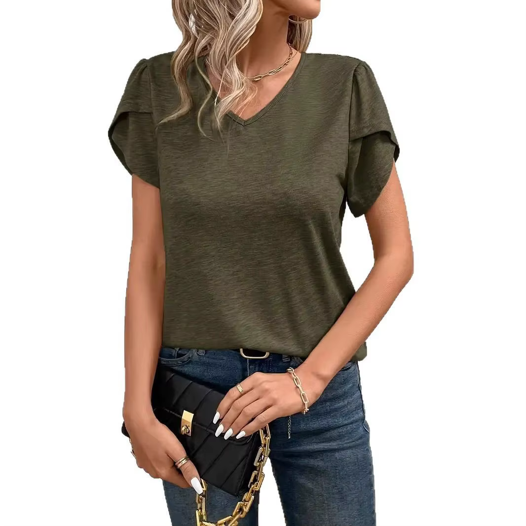 T-shirt femme 2026, nouvelle mode, col en V, double couche, manches courtes à volants, ajouré, vêtements pour femmes