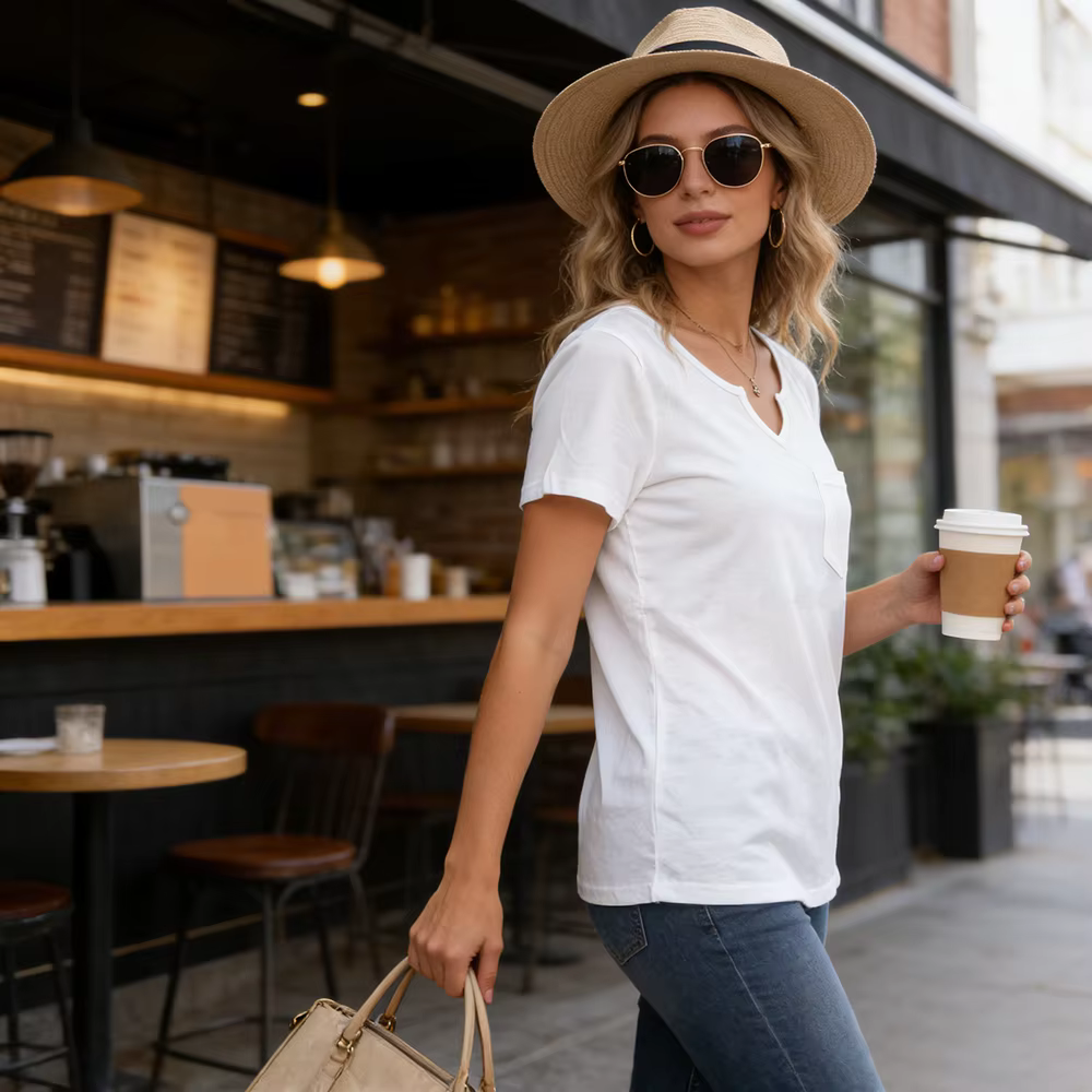 T-shirt blanc à col en V pour femme avec poche poitrine – Coupe décontractée