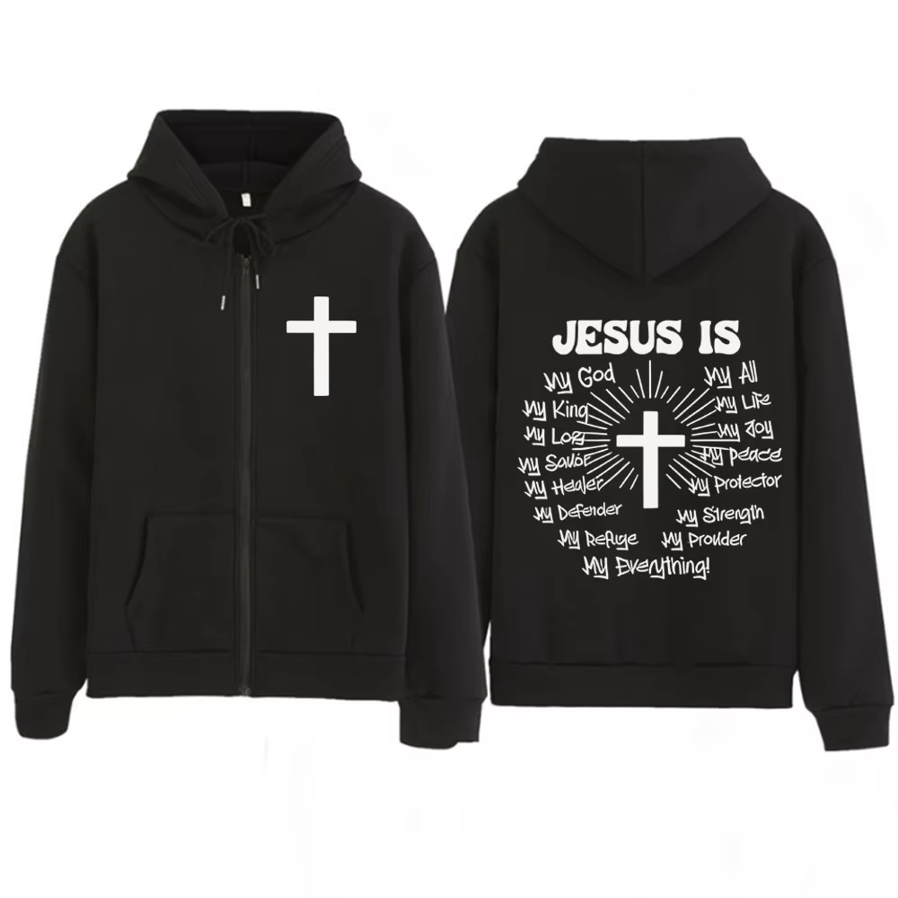Sweat-shirt à capuche zippé unisexe avec imprimé graphique « Jésus est Dieu