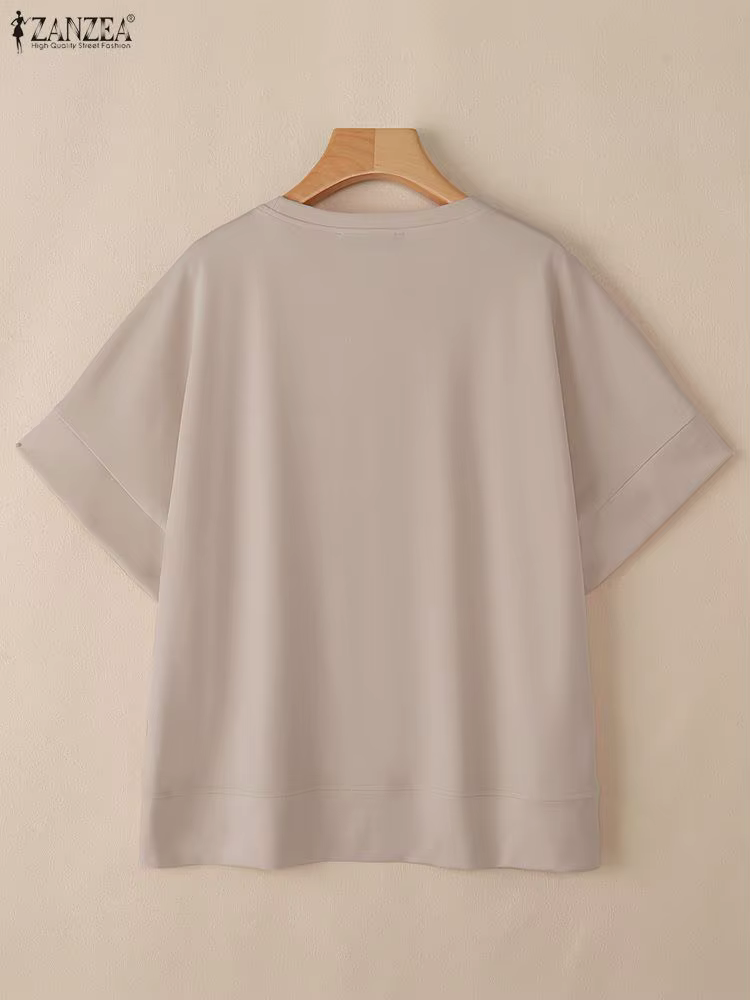 ZANZEA Streetwear ourlet asymétrique T-Shirts femmes décontracté col rond demi manches Patchwork