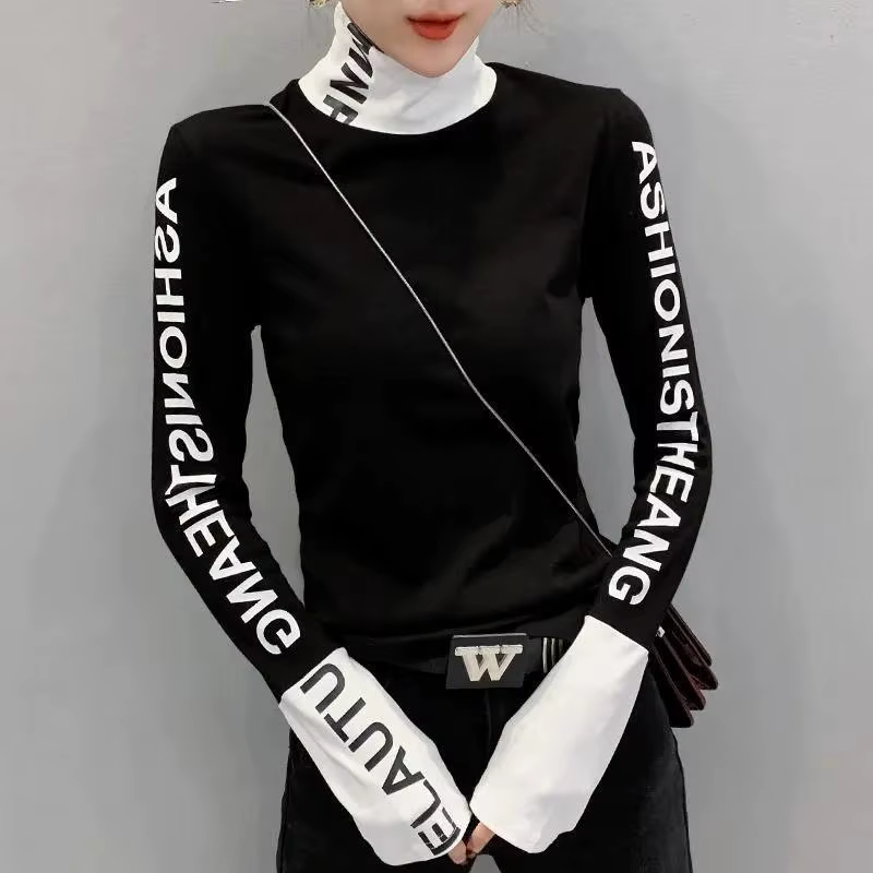 Vêtements chaud T-shirt haut jaune pour femmes avec impression 2025 col roulé femme