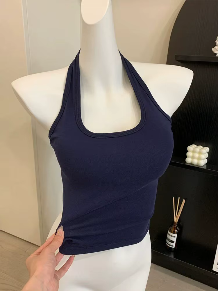 Nouveau coton bleu côtelé tricoté Sexy hauts col été chemises de base maigre mince Sport gilet décontracté épaules dénudées débardeur pour femmes