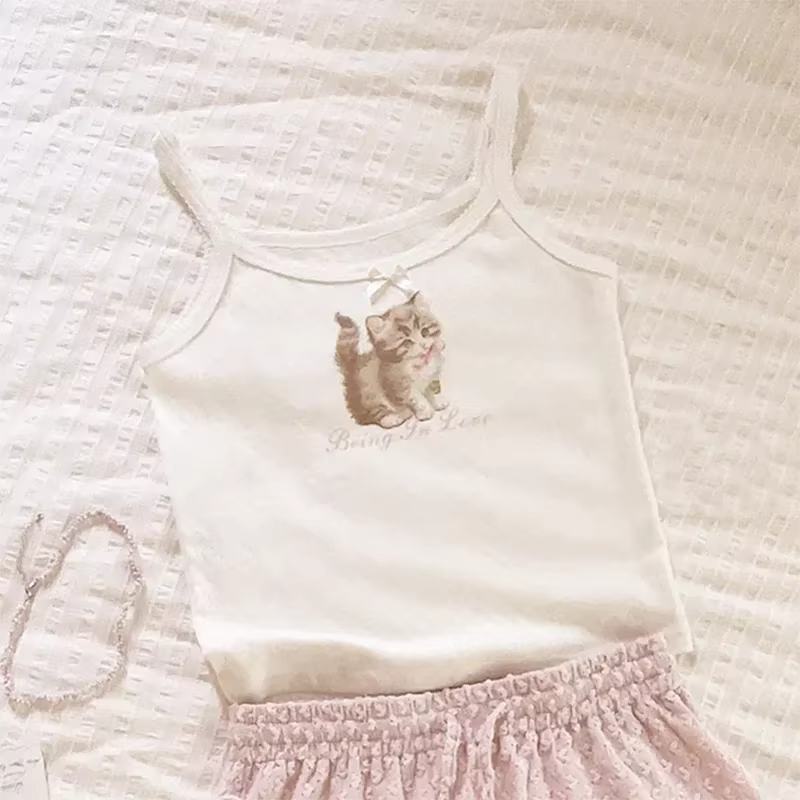 Camisole en coton avec nœud rose pour femme