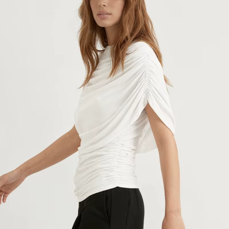 Haut élégant drapé à col bénitier en maille, manches courtes, coupe ajustée, sexy, style 'Hot Girl', avec taille froncée, couleur unie, pour l'été