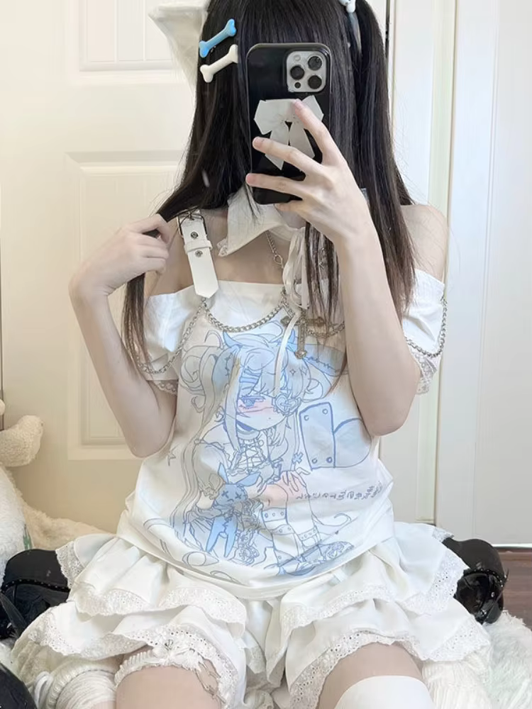 Économie College de dessins animés japonais pour femmes, T-shirt Harajuku Kawaii, Dégradé, Décontracté, Grunge, Esthétique, Off Initiated, Y-Summer, Y2k