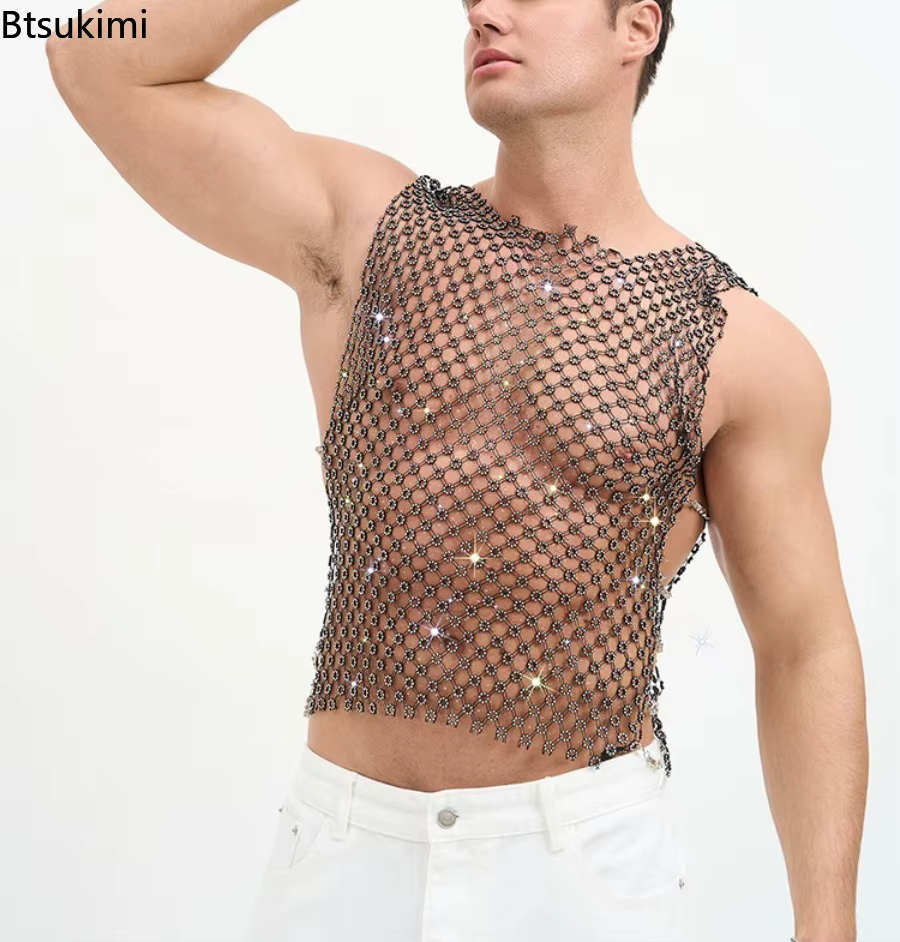 Nouveaux débardeurs vintage à sequins brillants pour hommes