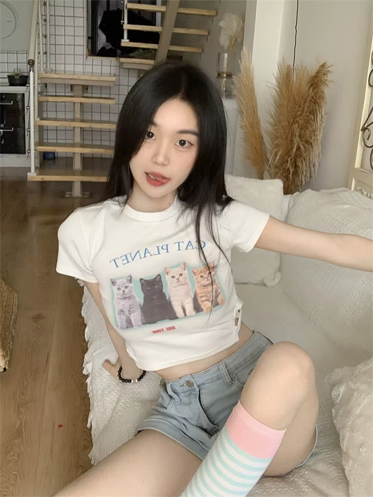 T-shirt manches courtes col ras du cou pour femmes, streetwear, décontracté, été