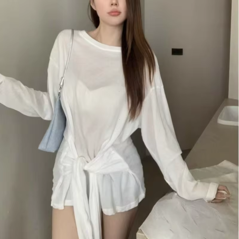Voir à travers la manches longues surdimensionné t-shirt femmes Sexy dos pansement épaules nues haut femme basique longs t-shirts coréen Chic dame nouveau