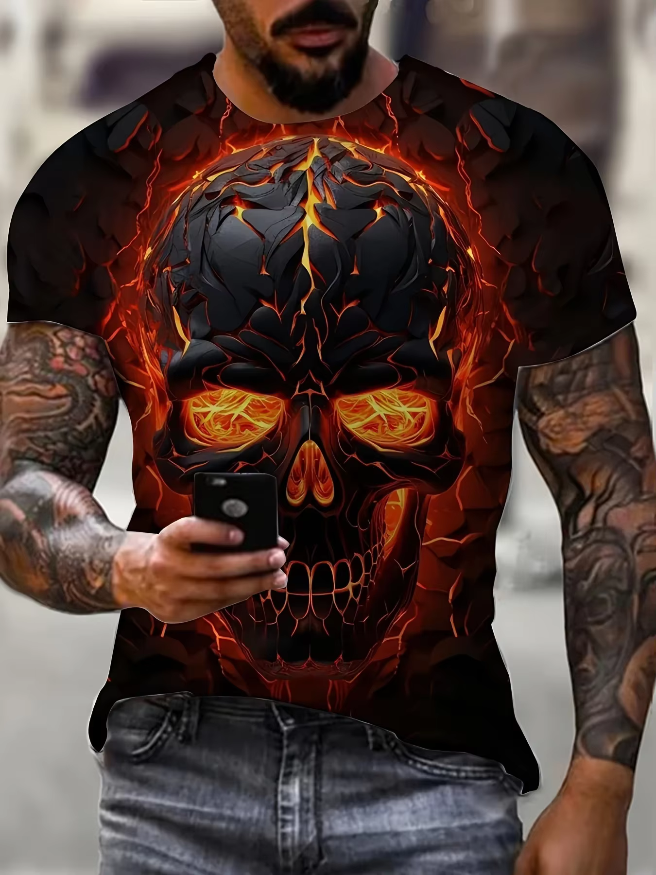 T-shirt tendance style urbain avec imprimé lune et loup hurlant, décontracté pour homme, streetwear d'été, col rond, manches courtes