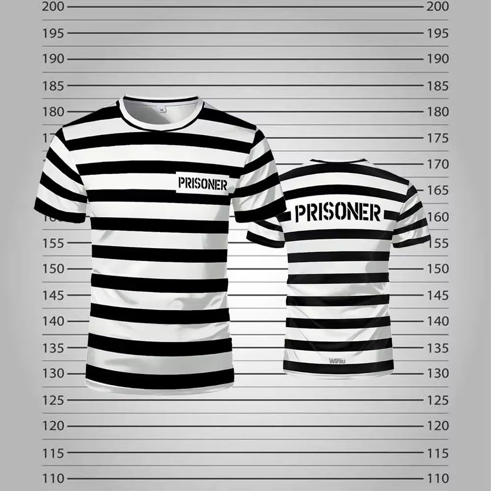 Nouveau T-shirt rayé Prisonnier 2026 Noir et Blanc Thème Prison Amusant et Original Manches Courtes Costumes de Fête Cosplay Homme et Femme