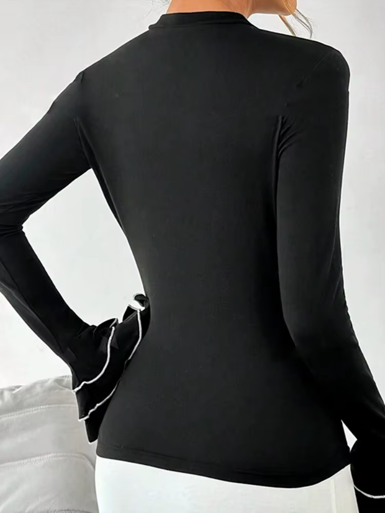 Bonboho T-shirt moulant noir uni pour femmes col rond manches longues à volants chemises élégantes 2025 chemisier de mode d'automne