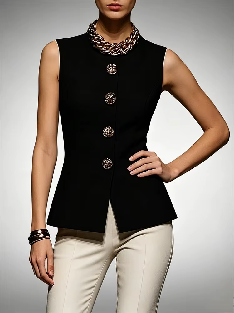 Modigirl 2025 noir élégant été hauts pour femmes sans manches bouton Simple Streetwear T-shirts femme sortir vêtements