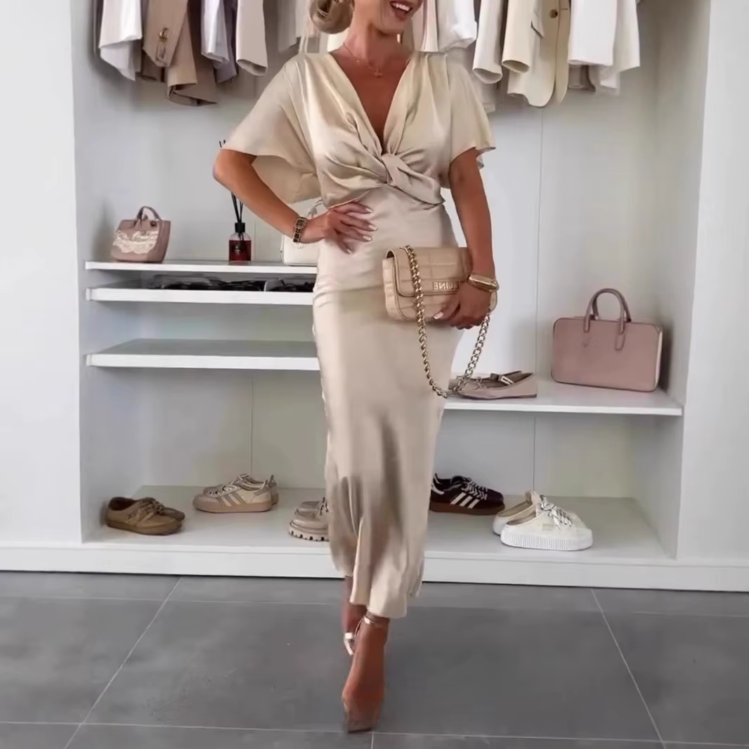 Robe longue élégante pour femme, style tendance, nouvelle collection été, en tissu polyester, taille haute, manches courtes, col en V, jupe à godets