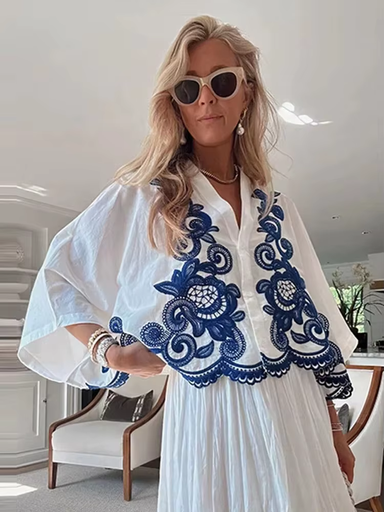 HH 2024 femmes mode bleu broderie florale Blouse décontracté ample col en V simple boutonnage chemise femme Chic haut Y2K