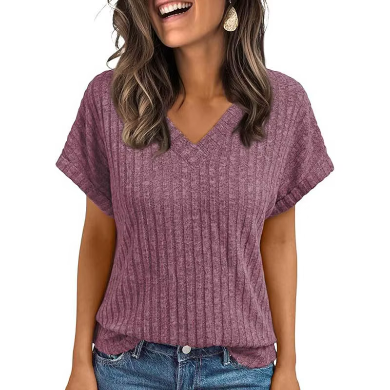 Vêtements pour femmes Europe amérique tout-match tricot T-shirt été 2025 nouveau décontracté col en v à manches courtes pull dame solide hauts