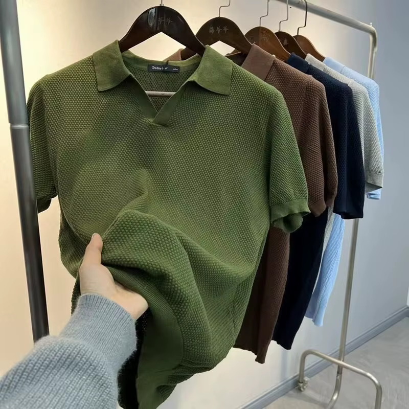 Hommes Polo chemise rabattu haut respirant col manches courtes couleur unie tricot t-shirt 2025 été décontracté base