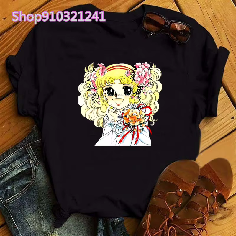Kawaii Anime bonbons T-shirt femmes été à manches courtes mignon noir