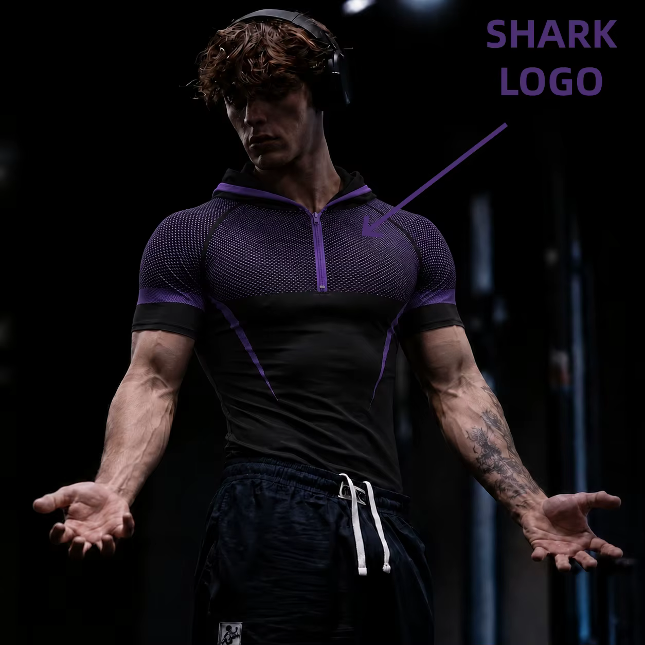 T-shirt à capuche GYM ONYX V5, combinaison de fitness avec logo en silicone SHARK, haut d'entraînement pour sports de plein air, haut à capuche à manches courtes pour la course à pied et le fitness