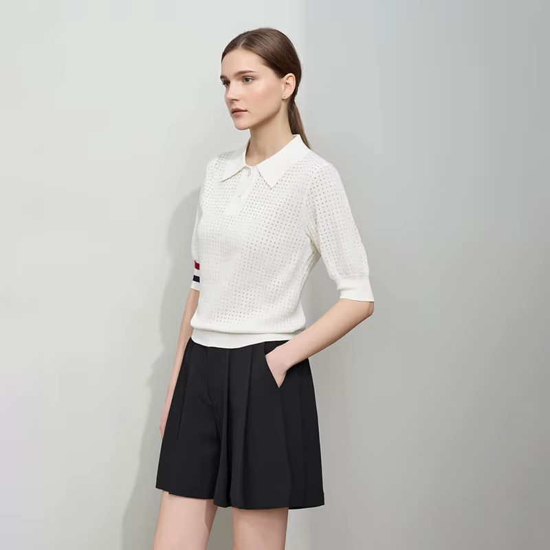 Chemises Polo AMII Femme Printemps 2026 Nouveau Col Revers Décontracté Contraste de Couleurs Rayé Tricoté T-shirts Haut