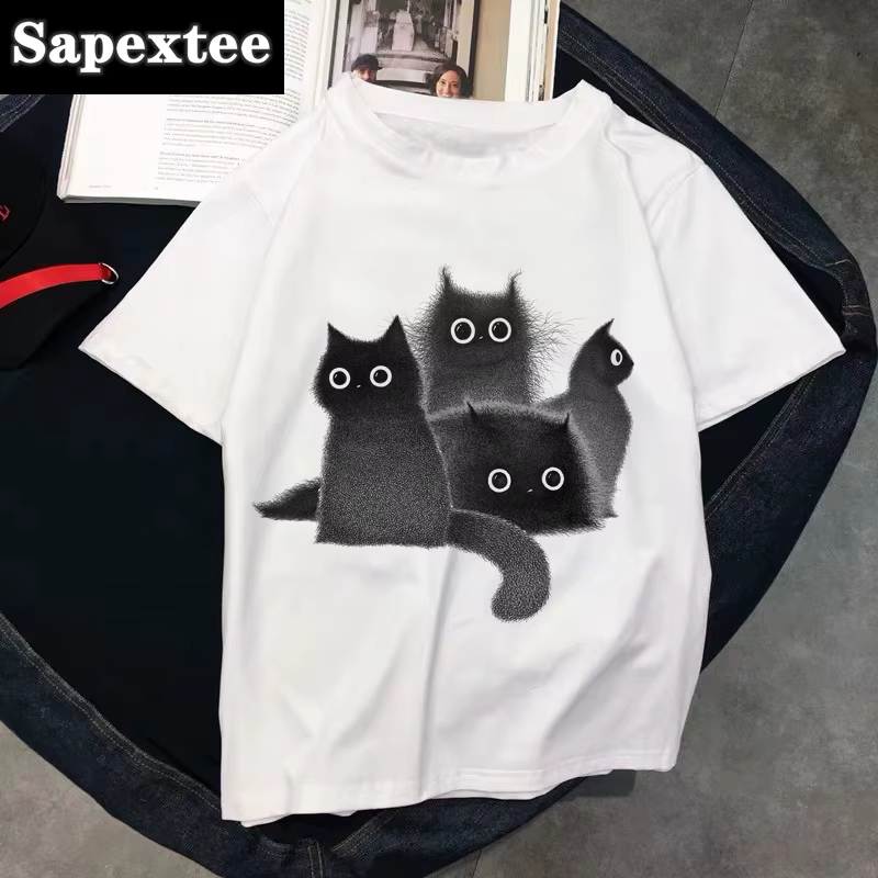 T-shirt col rond femme blanc, estival et aéré, avec chat kawaii, 2020