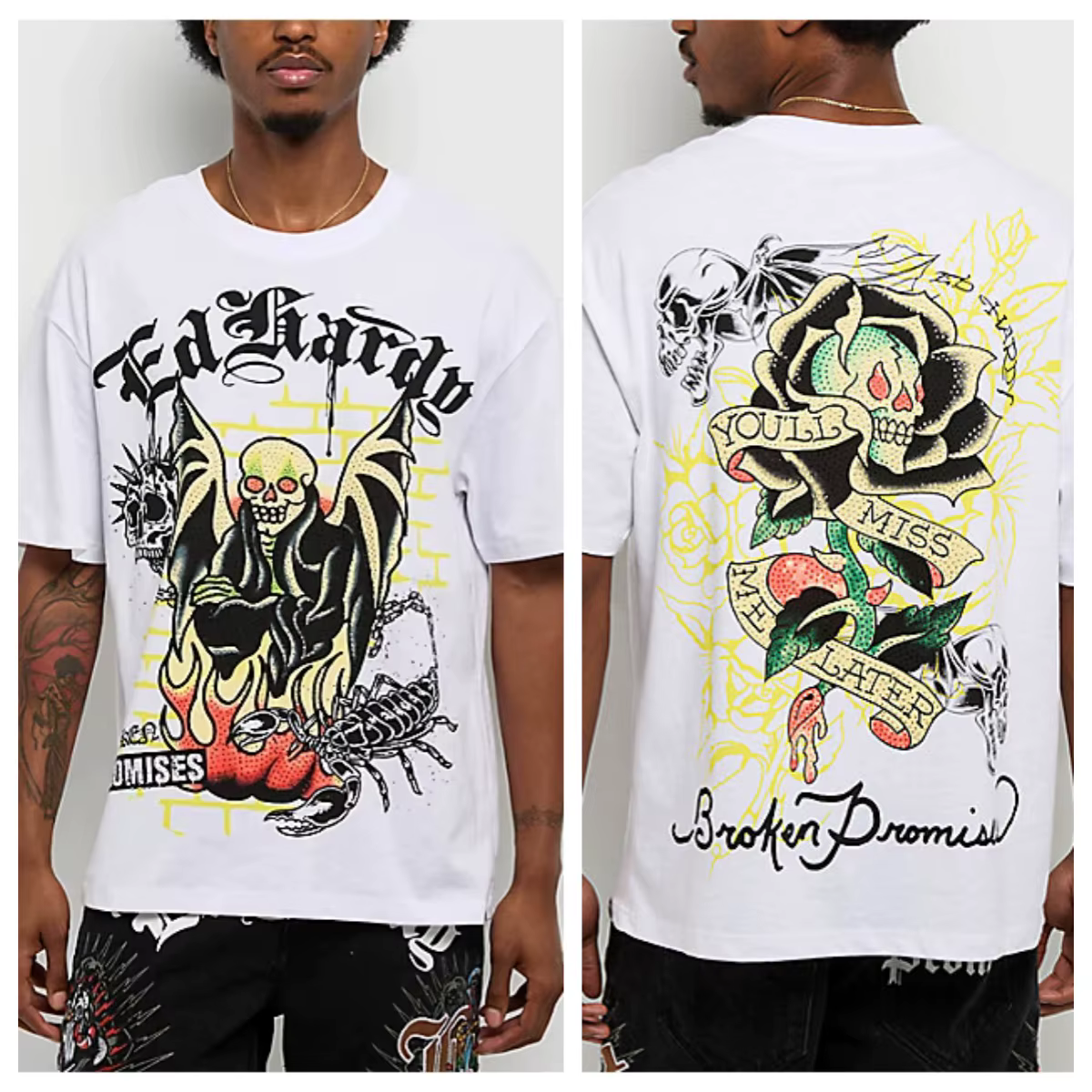 T-shirt Ed Hardy Bat Skull Vintage Street Trendy Brand en coton avec motif graphique pour hommes et femmes