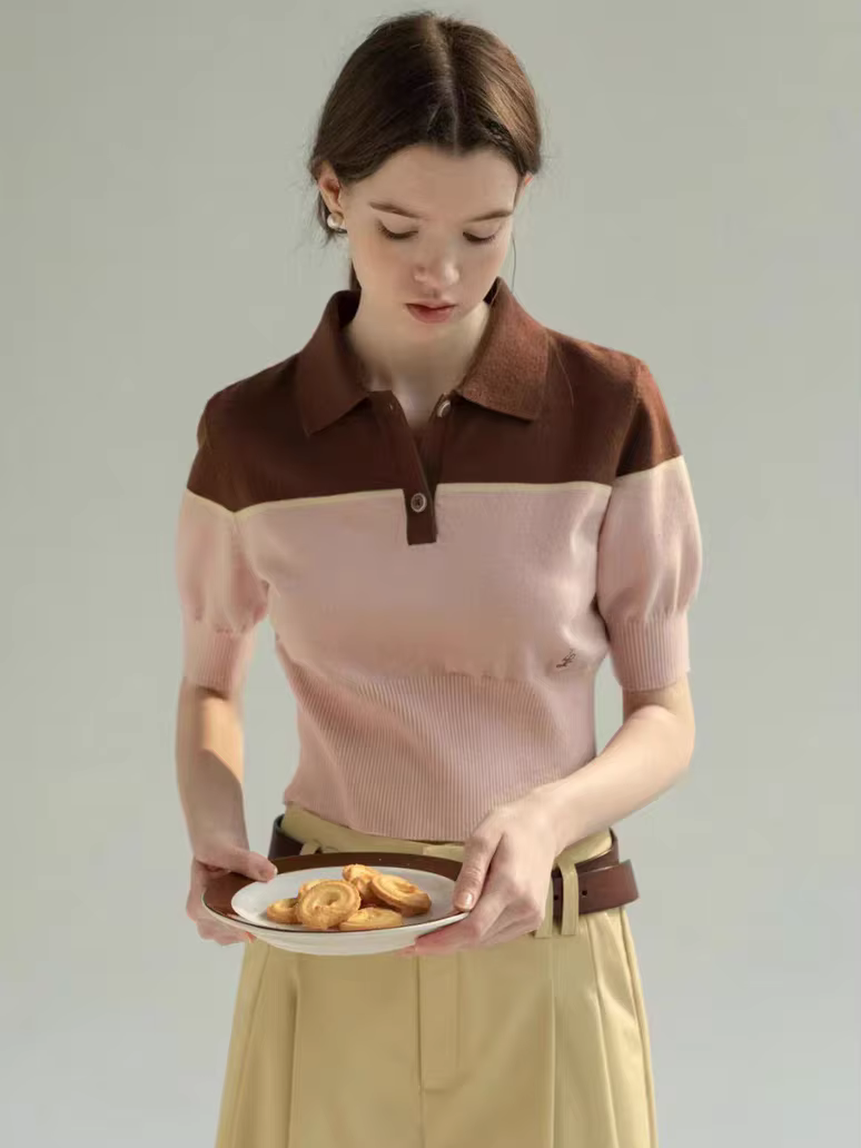 T-Shirt tricoté à col Polo contrasté français pour femmes