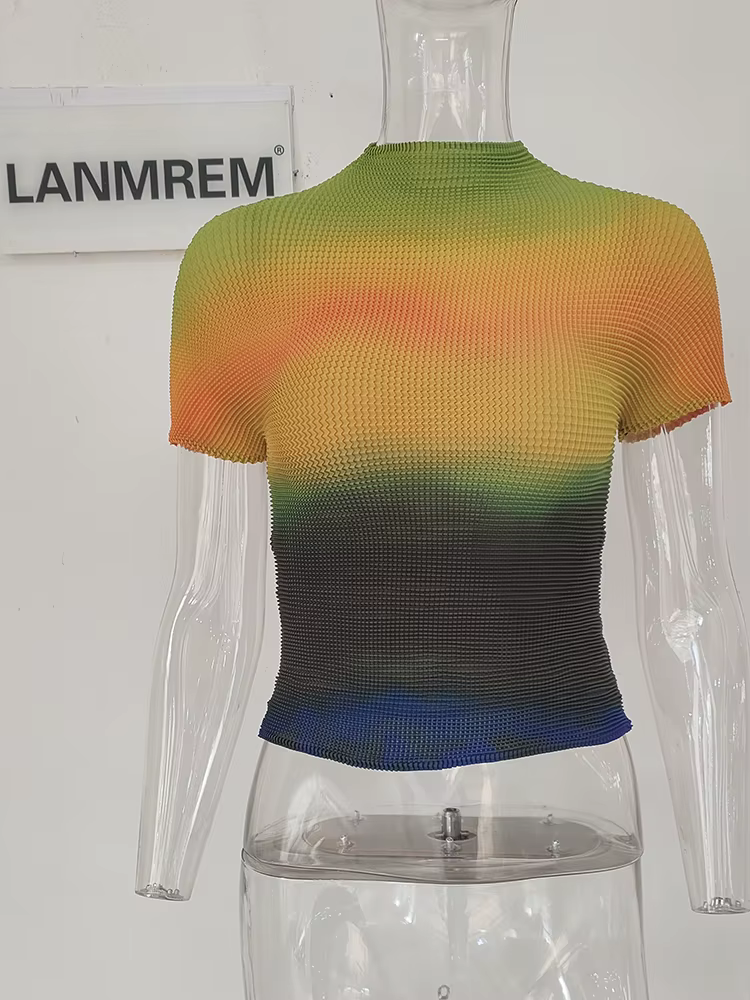 LANMREM 2025 été nouveau T-shirt tout-match pour Famale haute qualité Style mince tissu élastique à manches courtes hauts femmes décontracté YJ780