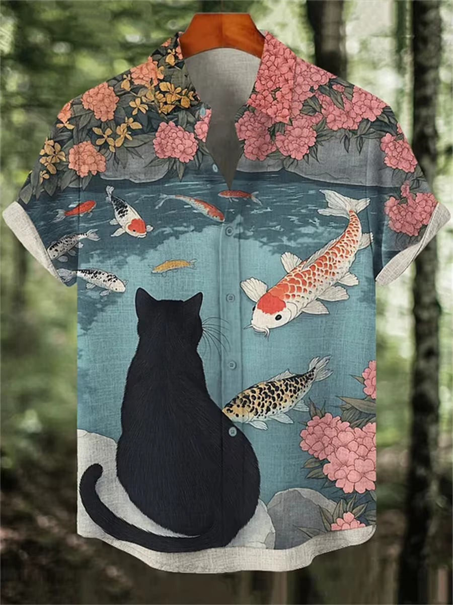 Chemise à manches courtes imprimée sur le thème du chat pour hommes
