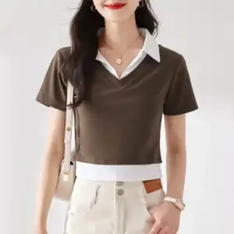 T-shirt polo femme faux deux pièces à col revers et manches courtes
