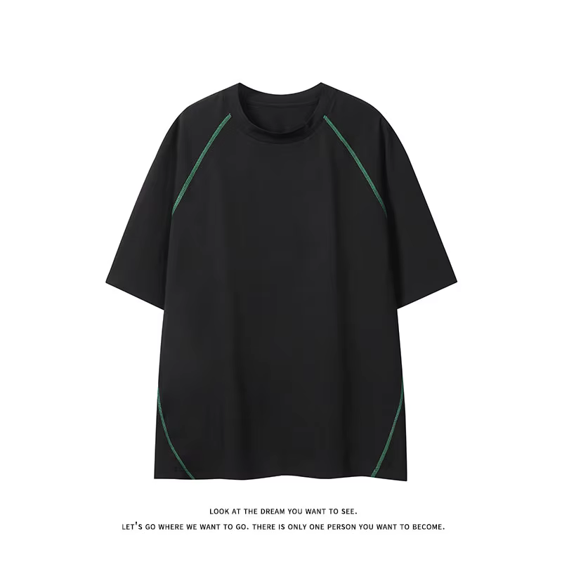 T-shirt homme été tendance ample style vintage américain manches courtes col rond polyvalent couple contrastant surpiqué