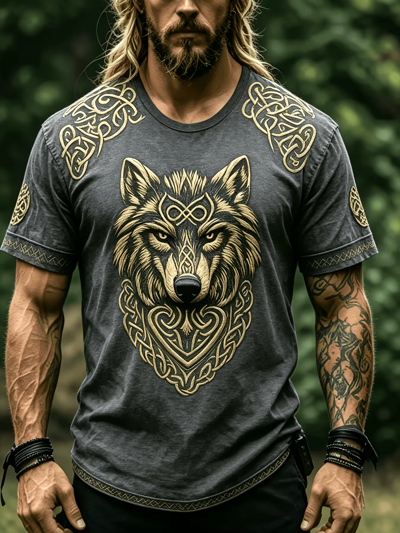 T-shirt décontracté à manches courtes pour homme avec motif tête de loup : style élégant