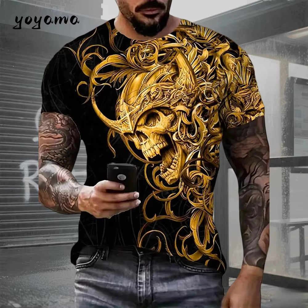 T-shirt pour homme avec motif crâne imprimé en 3D. Vêtements d'été rétro décontractés et sportifs à manches courtes