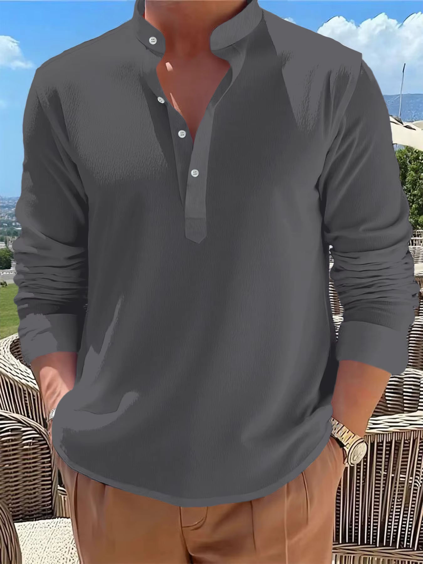Chemises à manches longues et col Henley pour hommes