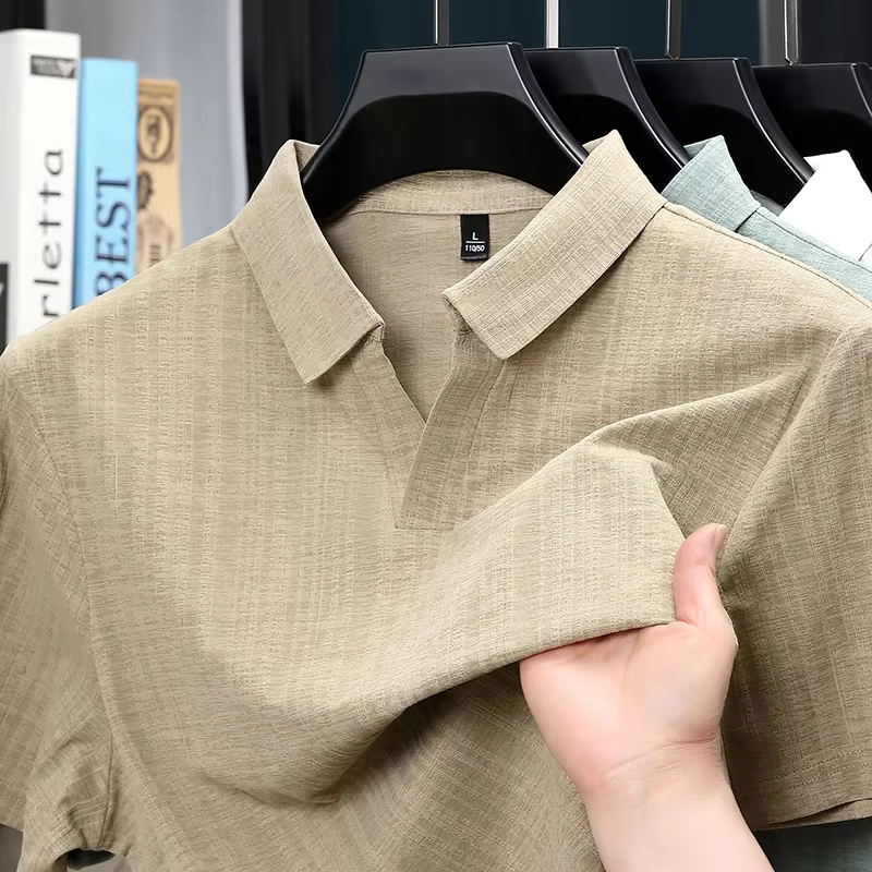 Chemises polo à manches courtes en lin mélangé texturé pour hommes