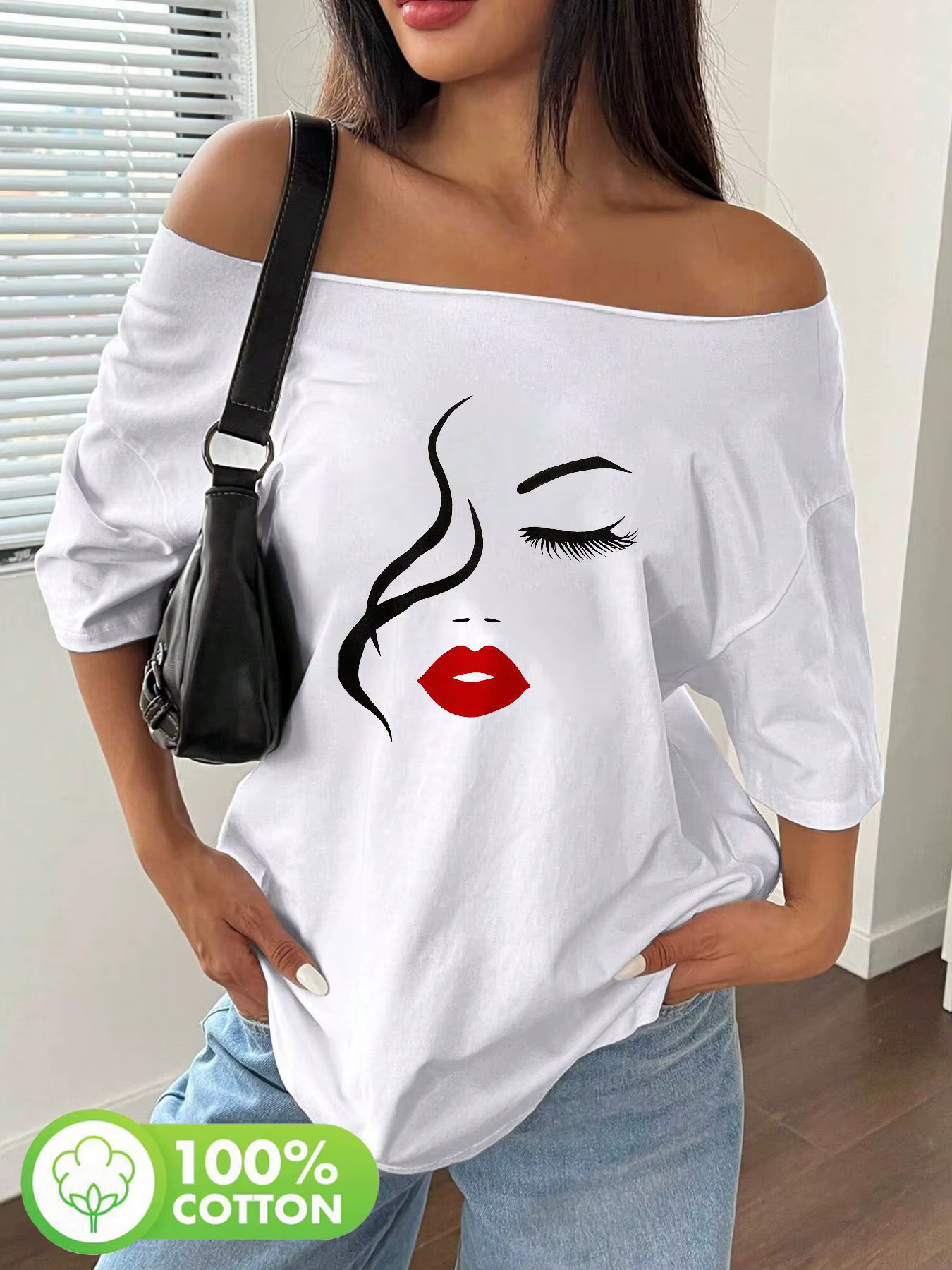 Plus Size Women's Abstract Art Face Print T-Shirt