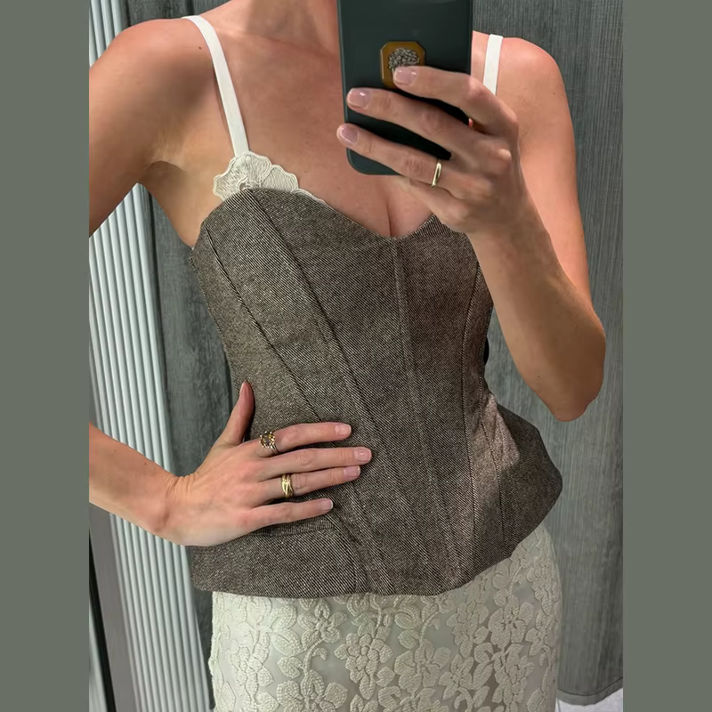 Top Corset Chic à Imprimé Floral, Bretelles Fines, Col en U, Taille Structurée, Ourlet Pointu, Style Vintage, Collection Printemps-Été 2026, Idéal pour les Vacances