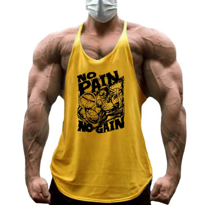 NO PAIN NO GAIN Imprimé Gym Fitness T-Shirt Hommes Musculation Sport Sans Manches Gilets Coton Respirant Y-back Bretelles Débardeurs