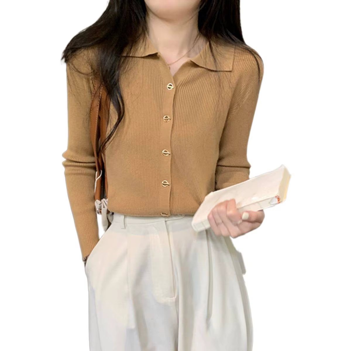 Cardigan en maille à col polo ajusté et boutonnage simple pour femme