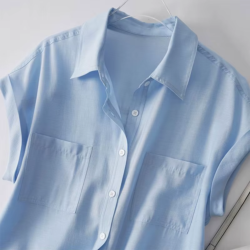Vert solide décontracté col Polo simple boutonnage à manches courtes femmes Blouse chemise