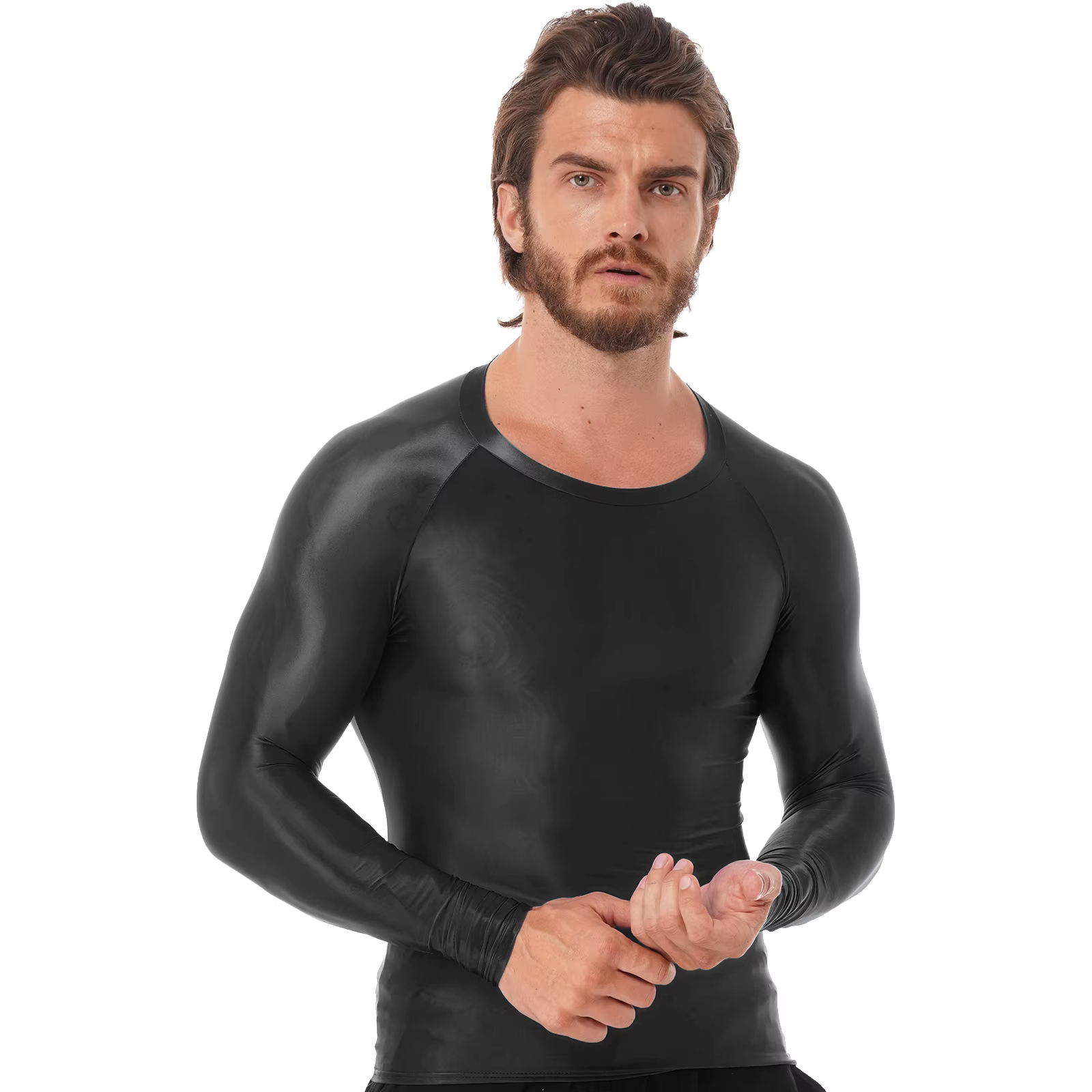 Hommes hommes brillant T-Shirts hauts coupe ajustée respirant Yoga hauts de sport huile brillant à manches longues Transparent T-shirt course maillot de corps