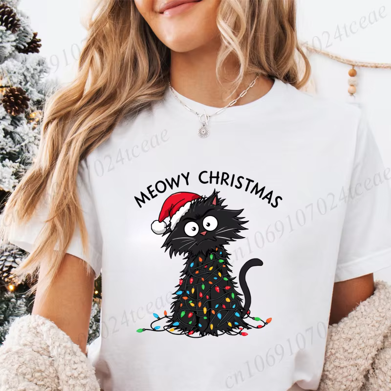 T-shirt graphique décontracté pour femmes – Imprimé de Noël Meowy