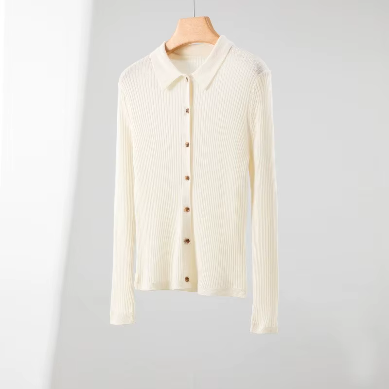 Cardigan en tricot à col polo en laine mérinos 100 % super fine pour femme