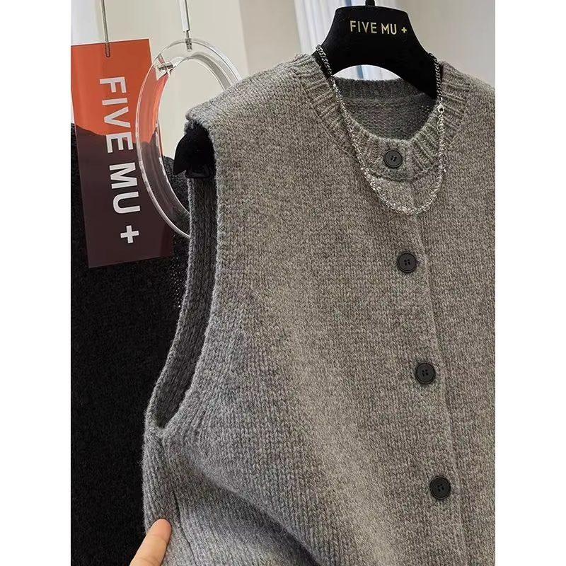 Pull et gilet à col rond pour femmes, haut Slim polyvalent à simple boutonnage de Style rétro