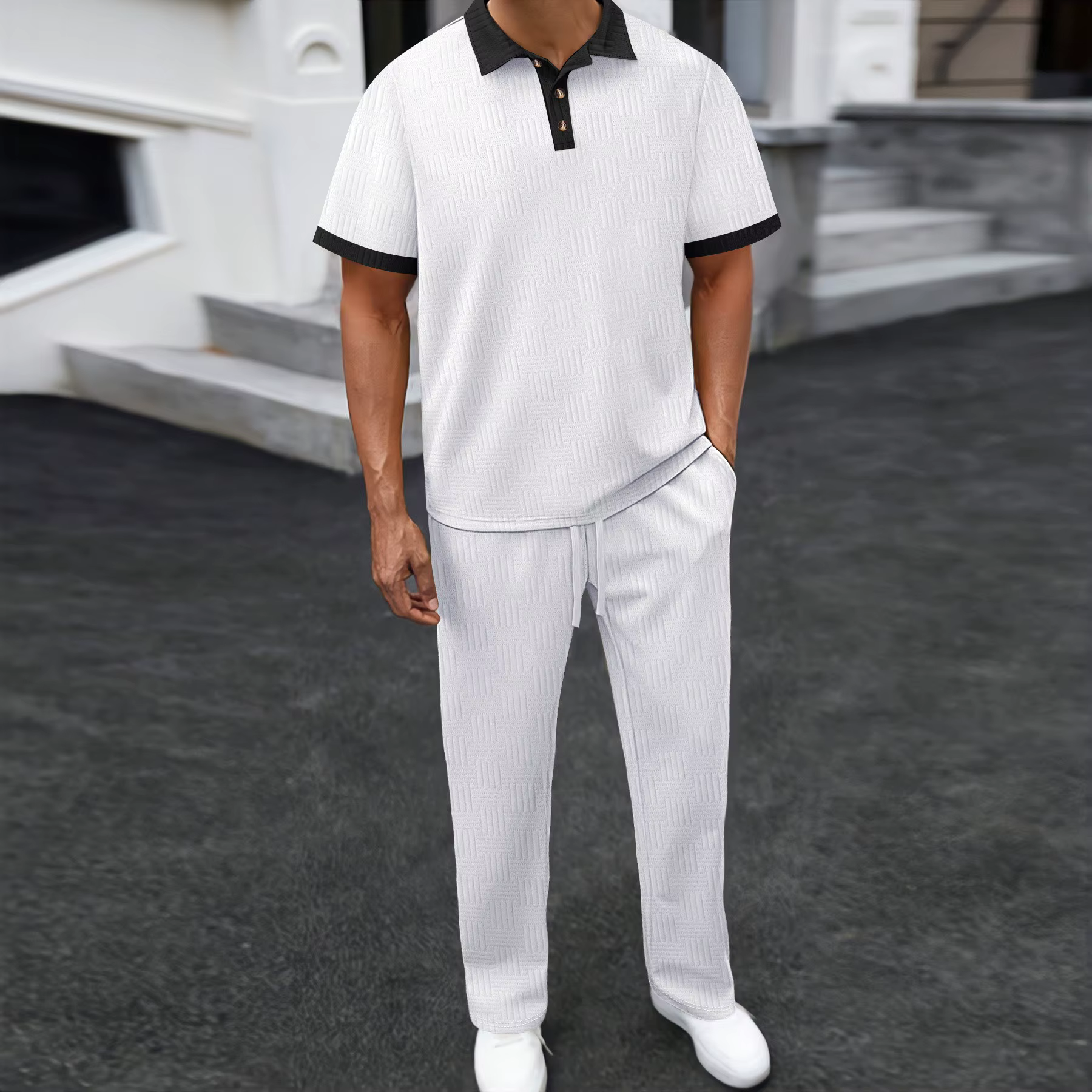Ensemble 2 pièces polo et pantalon texturé pour homme avec col contrastant – Survêtement décontracté pour le streetwear quotidien