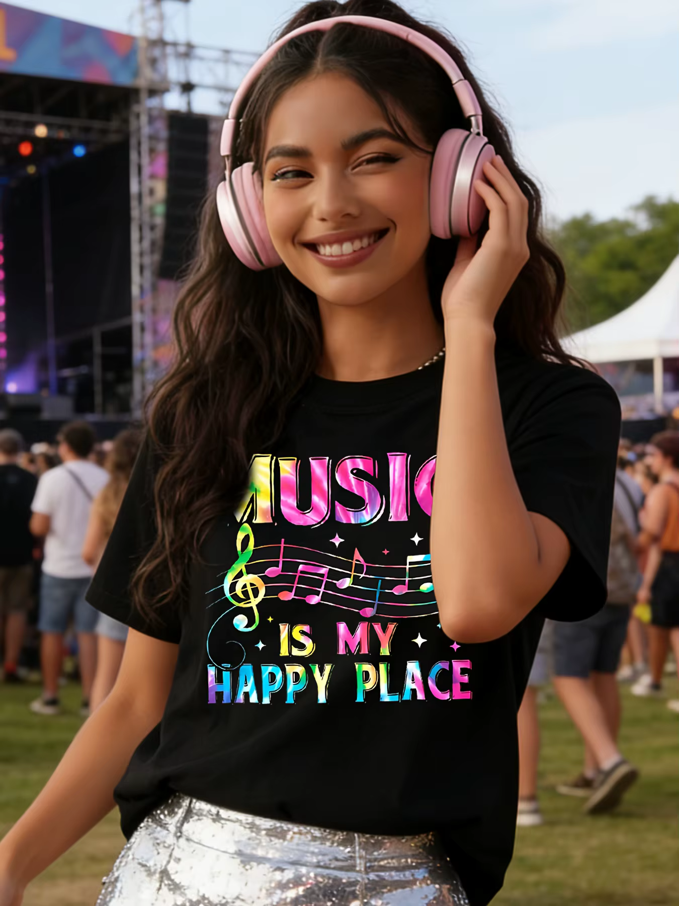 T-shirt pour femme Music Is My Happy Place - Motif musical coloré