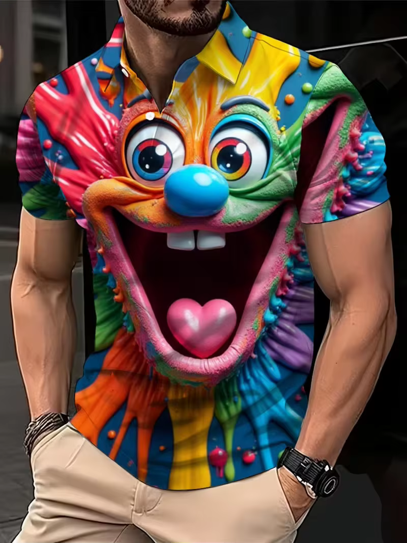 Polo amusant à motif de dessin animé pour hommes, t-shirt coloré avec visage souriant, respirant, séchage rapide, pour vacances à la plage, style hawaïen