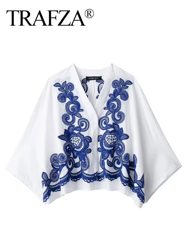 HH 2024 femmes mode bleu broderie florale Blouse décontracté ample col en V simple boutonnage chemise femme Chic haut Y2K
