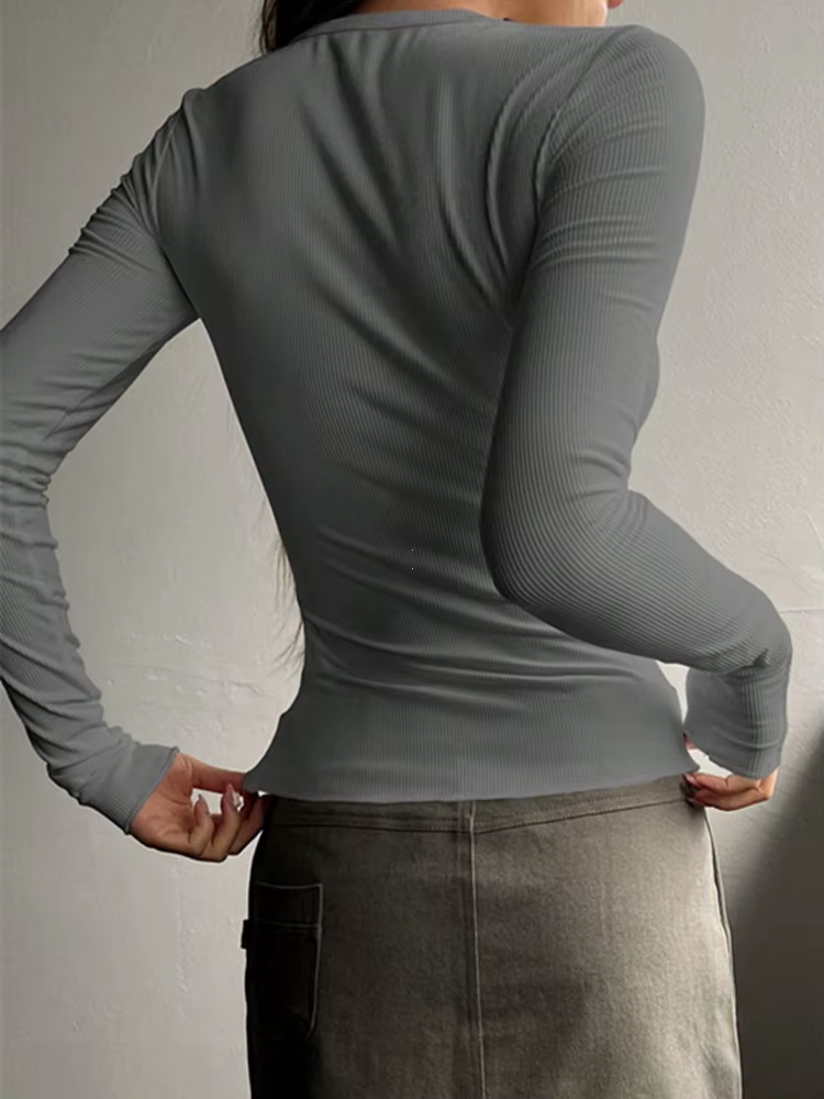T-shirt côtelé uni à demi-bouton sur le devant pour femmes