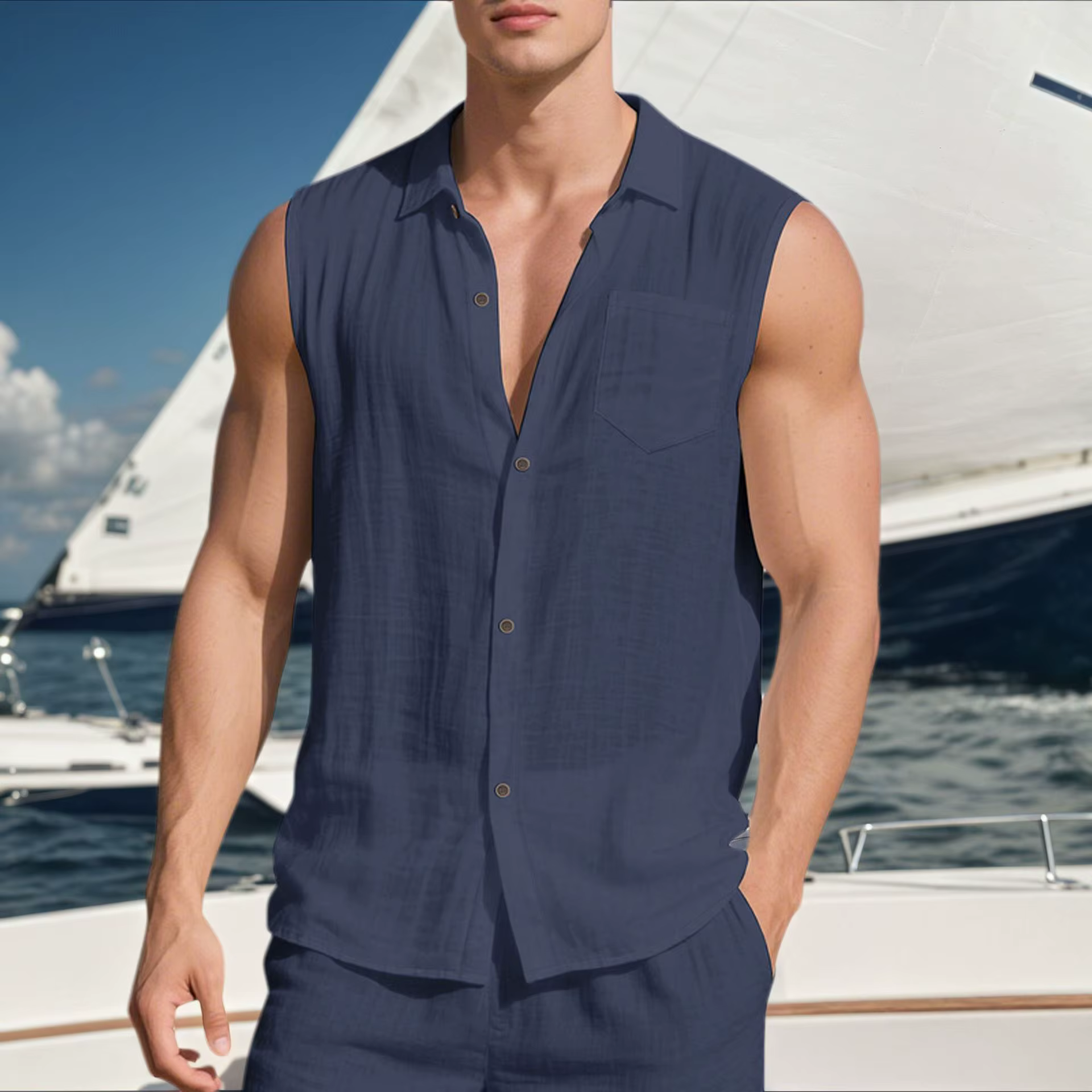 Chemise de plage décontractée sans manches en lin à col pour homme
